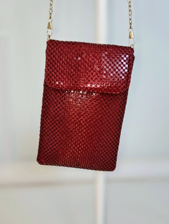 Handbags - Woman's Red Crystal Mesh Crossbody Bag with Gold Chain Shoulder Strap Phone Bag